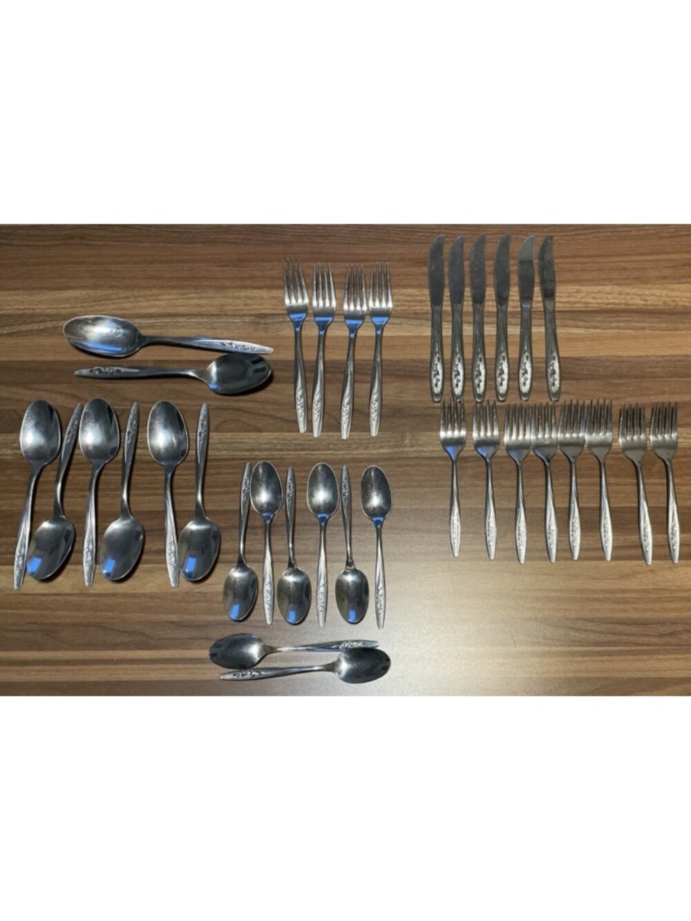 34 Pc Vintage Rogers & Bros Canada “Radiant Rose” Stainless Flatware Set